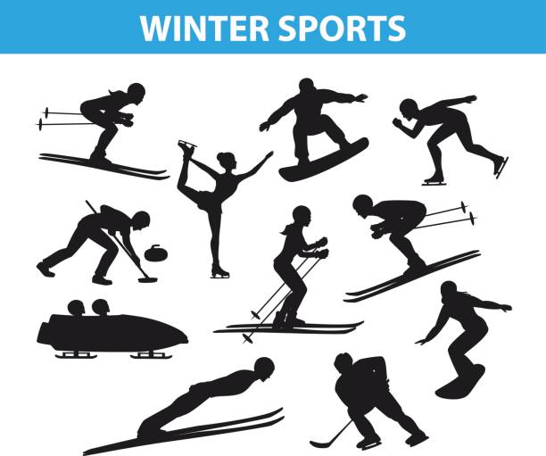 stockillustraties, clipart, cartoons en iconen met winter ijs sneeuw sport silhouetten set - wintersport