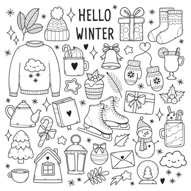 Winter illustrations set. Winter illustrations set. Cute vector icons: sweater, hat, snowflakes, gift, snowman, socks, lantern, tea, book, letter etc. winter icons stock illustrations