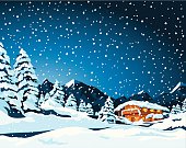 Hand-drawn Vector Illustration of a fictional winter landscape with a mountain shelter. Sky, landscape and snow are on different layers, so you could easily use the image also without snowfall, for example. The colors in the .eps-file are ready for print (CMYK). Included files: EPS (v8) and Hi-Res JPG.