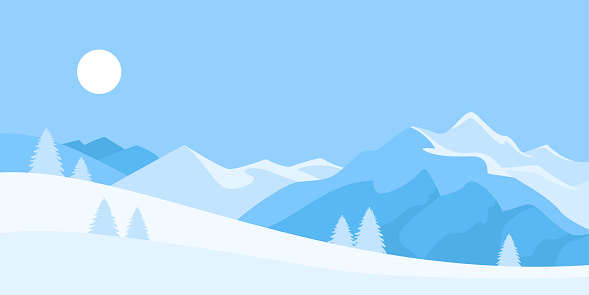 Winter landscape background. Vector illustration of snowy mountains in cartoon flat style.