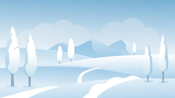 bildbanksillustrationer, clip art samt tecknat material och ikoner med vinterlandskap, tecknad frost natur snowscape landskap med vägväg på kullar täckta av snö - skidled