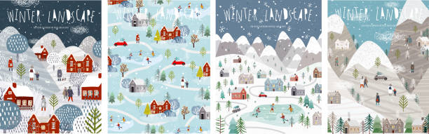 겨울 풍경입니다. 새해와 크리스마스 휴일에 자연, 도시, 주택, 사람, 나무와 산의 벡터 그림. 포스터, 배경 또는 카드 용 도면. - 마을 stock illustrations