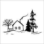 istock Winter landscape with a house. 1204892800