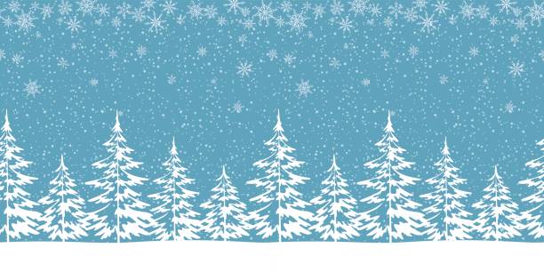 Winter landscape with fir trees and snow Christmas Holiday Seamless Horizontal Background, Winter Woodland Landscape with Spruce Fir Trees Pictograms and White Snowflakes. Vector christmas tree outline stock illustrations