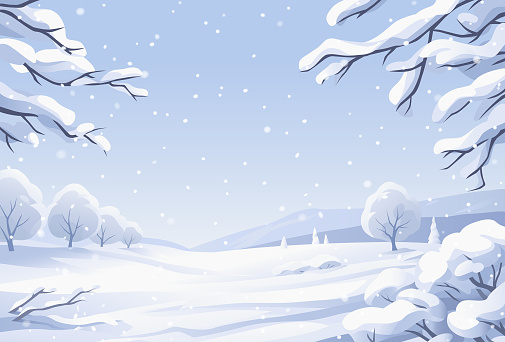 A winter landscape with snowy branches in the foreground and trees, hills and mountains in the background. The sky is overcast and it's snowing. Vector illustration with space for text.