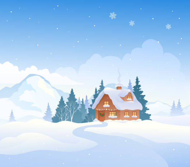 Winter mountain house vector art illustration