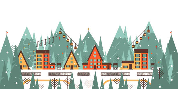 bildbanksillustrationer, clip art samt tecknat material och ikoner med vinter berglandskap med skidlift, hus på landet, berg, skog, skidspår - skidled