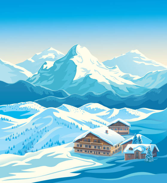 kayak merkezi ile kış dağ manzarası - avalanche stock illustrations