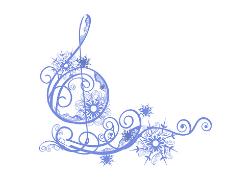 Winter music. Abstract treble clef decorated with snowflakes and notes.
