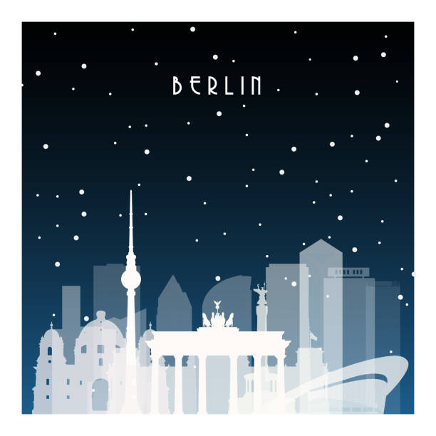 stockillustraties, clipart, cartoons en iconen met de winternacht in berlijn. de stad van de nacht in vlakke stijl voor banner, affiche, illustratie, spel, achtergrond. - berlin snow