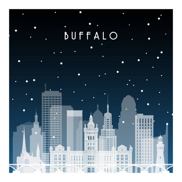 Winter night in Buffalo. Night city in flat style for banner, poster, illustration, background. Winter night in Buffalo. Night city in flat style for banner, poster, illustration, background. buffalo stock illustrations