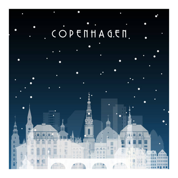 在哥本哈根的冬夜。夜間城市在平面風格的旗幟, 海報, 插圖, 遊戲, 背景。 - copenhagen 幅插畫檔、美工圖案、卡通及圖標