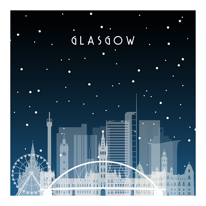 Winter night in Glasgow. Night city in flat style for banner, poster, illustration, background.