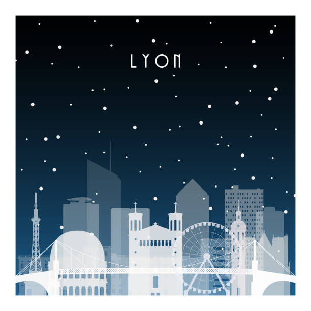 里昂的冬夜夜城市在平的樣式為橫幅、海報、例證、背景。 - lyon 幅插畫檔、美工圖案、卡通及圖標