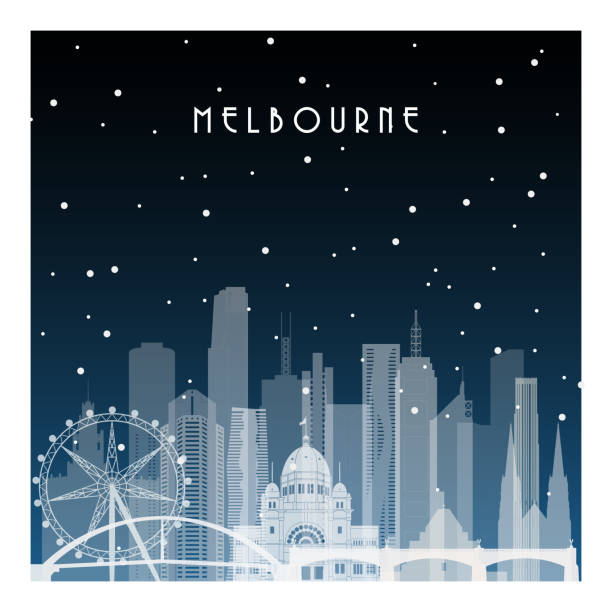 Winter night in Melbourne. Night city in flat style for banner, poster, illustration, background. Winter night in Melbourne. Night city in flat style for banner, poster, illustration, background. arts centre melbourne stock illustrations