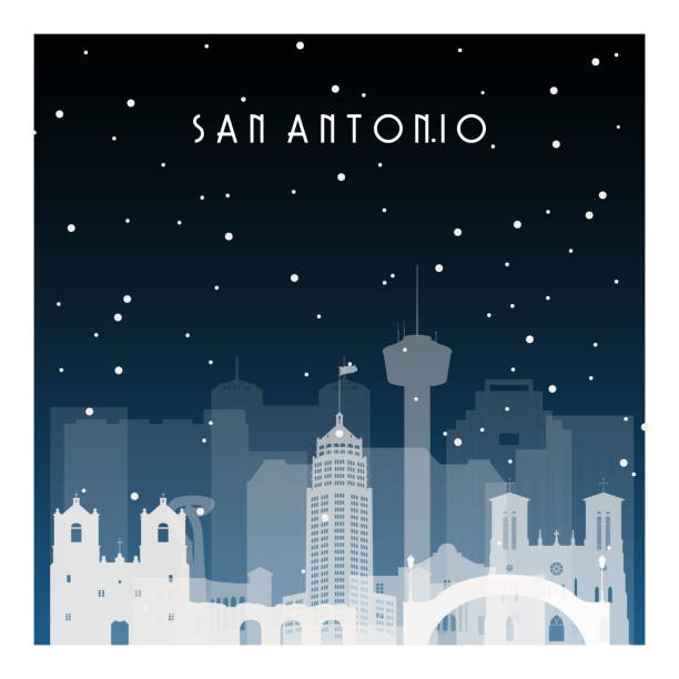 Winter night in San Antonio. Night city in flat style for banner, poster, illustration, background. Winter night in San Antonio. Night city in flat style for banner, poster, illustration, background. san antonio stock illustrations