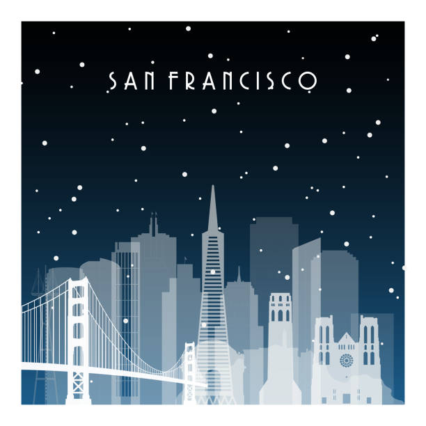 Winter night in San Francisco. Night city in flat style for banner, poster, illustration, game, background. Winter night in San Francisco. Night city in flat style for banner, poster, illustration, game, background. san francisco stock illustrations