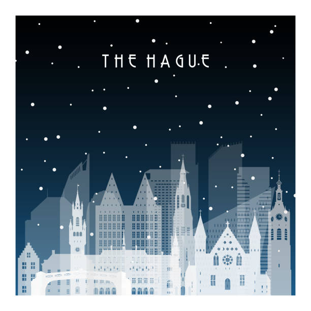 stockillustraties, clipart, cartoons en iconen met winter night in the hague. night city in flat style for banner, poster, illustration, background. - den haag