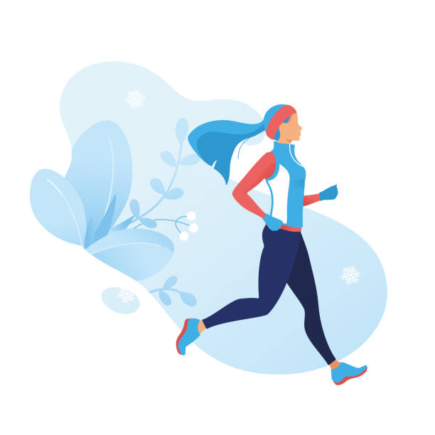 Winter running exercise. Runner jogging in snow. Women running dressed in warm clothes. Winter game sport vector flat illustration. frozen plants isolated background. Winter web banner design. Vector woman running. winter jogging. Isolated background jogging stock illustrations