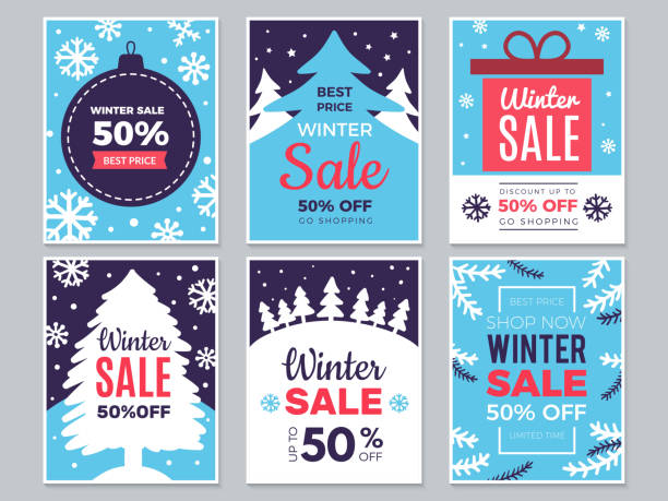Winter sale cards. Christmas promo banners big discounts and special season offers vector labels Winter sale cards. Christmas promo banners big discounts and special season offers vector labels. Illustration christmas offer and discount, banner and poster advertising holidays and seasonal stock illustrations