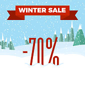 istock Winter sale numbers on the beautiful Christmas landscape background with trees, snowflakes, falling snow. 883150338
