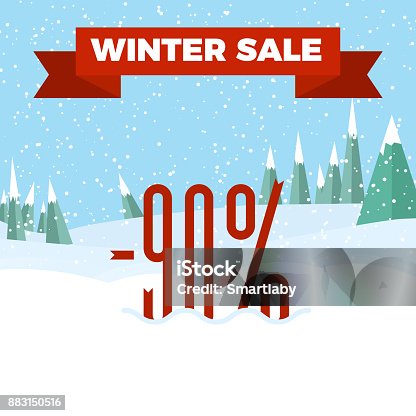 istock Winter sale numbers on the beautiful Christmas landscape background with trees, snowflakes, falling snow. 883150516