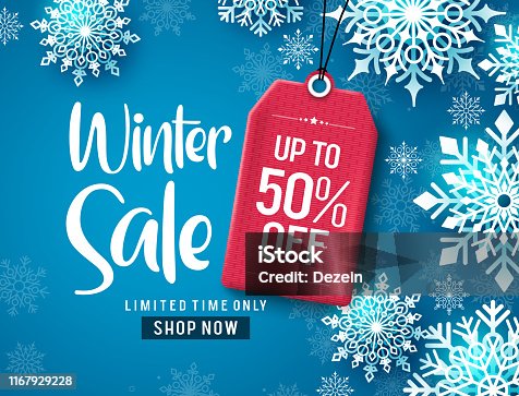 istock Winter sale vector banner design. Winter sale discount text with white snowflakes and red tag. 1167929228