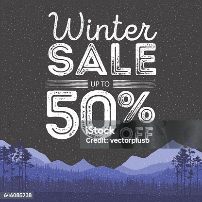 istock Winter sale words on the beautiful Chrismas flat Winter holidays landscape background with trees, snowflakes, falling snow. 646085238