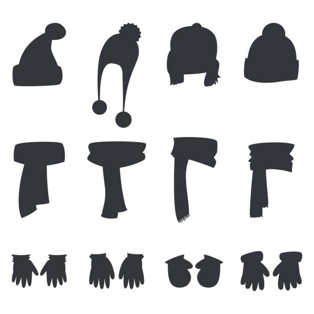 Winter scarf, hats, gloves and mittens black silhouettes vector set isolated on a white background. Scarf, hats, gloves, mittens vector flat icons set. scarf stock illustrations