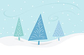 Minimalistic Christmas scene with falling snow and fir trees.
