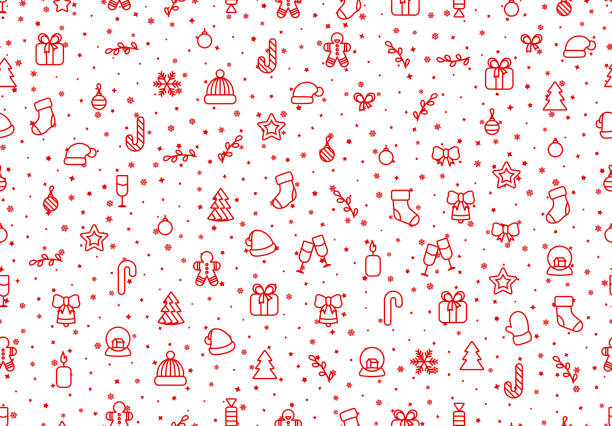 Winter seamless pattern background with red Christmas festive elements and objects in line art, Winter seamless pattern background with red Christmas festive elements and objects in line art decorative art stock illustrations