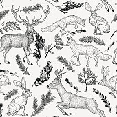 istock Winter seamless pattern with deer, fox, hare and evergreen plants in vintage style. Hand drawn decoration for paper, textile, wrapping decoration, scrap-booking, t-shirt, cards. 1066282964