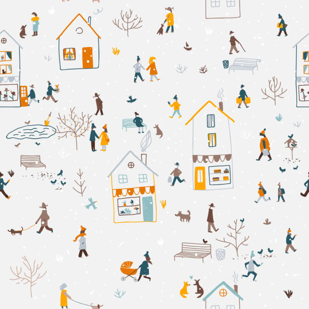 stockillustraties, clipart, cartoons en iconen met winter naadloze patroon met mensen lopen in de stad - happy couple cold