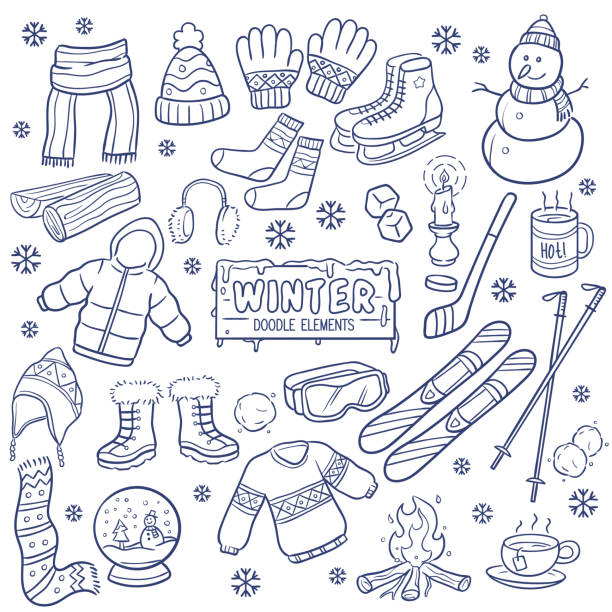 Winter Season Hand Drawn Elements. Winter elements and objects hand drawn isolated on white background winter drawings stock illustrations