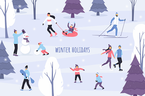 Winter season vector illustration. Outdoor games and activities. People in the winter park. Flat characters ice skating, ski, make a snowman, play snowballs and have fun. Snowy forest landscape.