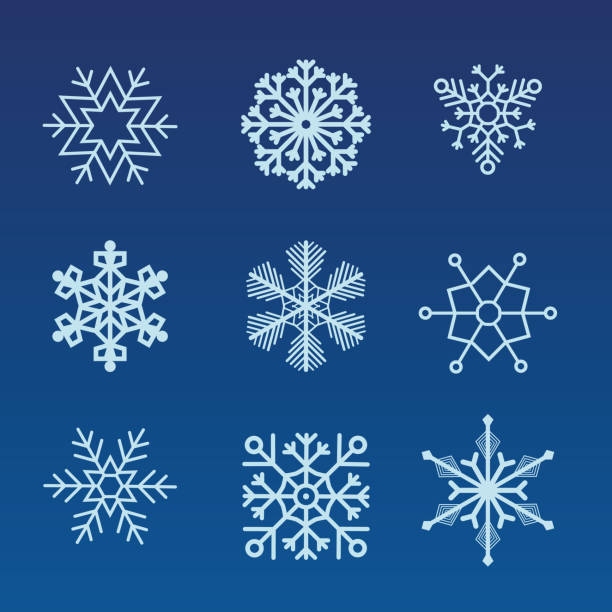 illustrazioni stock, clip art, cartoni animati e icone di tendenza di set invernale di fiocchi di neve bianchi isolati su sfondo scuro. elemento di cristallo fiocchi di neve natalizio blu inverno. - de winter
