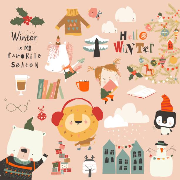 Winter set with Cute Animals, Girl and Holiday Elements Winter set with Cute Animals, Girl and Holiday Elements. Vector illustration nn girls stock illustrations