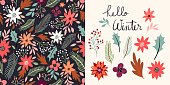 Winter set with seamless pattern and floral elements collection, vector design