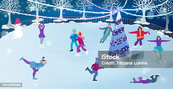 istock A winter skating rink with a Christmas tree, a snowman and people skating. Christmas decoration in the city park. Active winter recreation at the ice rink. Vector illustration. 1344898686