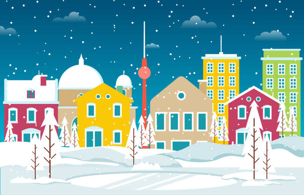 stockillustraties, clipart, cartoons en iconen met winter sneeuw in berlijn stad cityscape skyline landmark gebouw illustratie - berlin snow