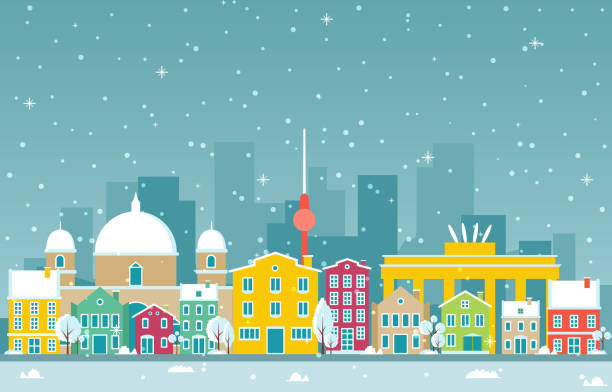 stockillustraties, clipart, cartoons en iconen met winter sneeuw in berlijn stad cityscape skyline landmark gebouw illustratie - berlin snow