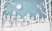 Winter Snow Urban Countryside Landscape City Village with ful lmoon,Happy new year and Merry christmas,paper art and craft style.
