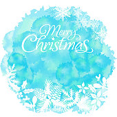 Watercolor painting background with snowflake and christmas floral graphic elements.
