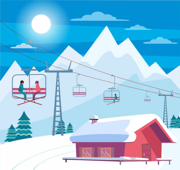 bildbanksillustrationer, clip art samt tecknat material och ikoner med vinter snöigt landskap med skidort, hiss, linbana, rött hus med snötäckta tak, alperna, gran, natur och vinter berg landskap. soligt väder. platt tecknad stil vektor illustration - skidled