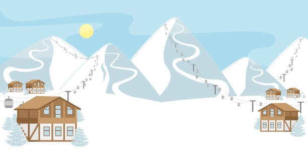 illustrazioni stock, clip art, cartoni animati e icone di tendenza di stazione sciistica invernale innevata con chalet e funivie. spazio vuoto per il testo - savoia