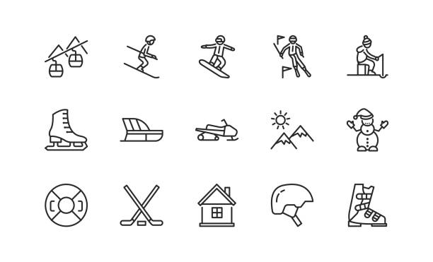 illustrations, cliparts, dessins animés et icônes de ensemble d’icônes de ligne plate de sport d’hiver. symboles de station de ski d’illustration vectorielle, y compris skieur, slalom, snowboarder, téléphérique, équipement. traits modifiables - ski