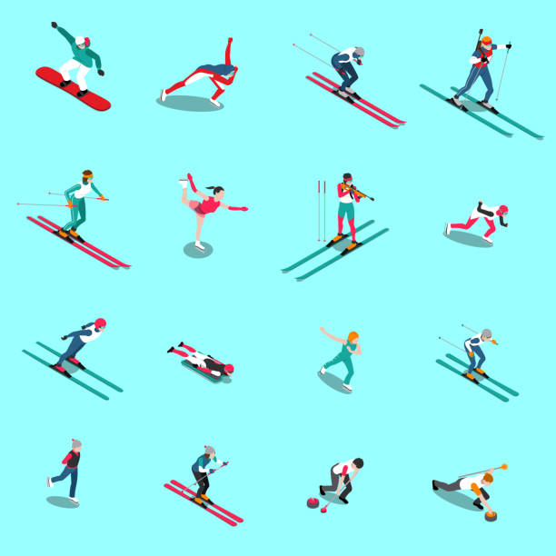 stockillustraties, clipart, cartoons en iconen met wintersport isometrische mensen - wintersport