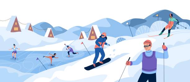 stockillustraties, clipart, cartoons en iconen met winter sport. people ski and snowboard on snow slope, athletes in sportswear train at rink, people on ice active poses figure skating, village landscape. vector concept - posing with ski