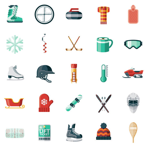 illustrazioni stock, clip art, cartoni animati e icone di tendenza di set di icone sport invernali - sci