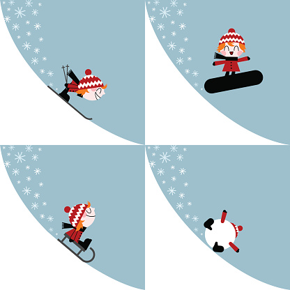 winter sports kid ski snowboard slide illustration vector